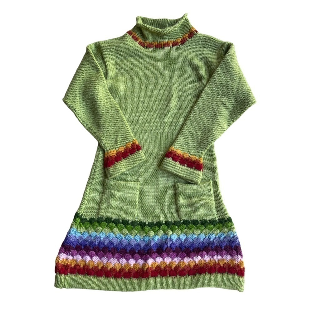 Handmade Yellow Green Rainbow Hem Knit Dress US S
